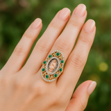 14K Gold Virgen de Guadalupe Ring with Emerald Green CZ Flowers 🌿