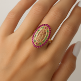14K Virgen de Guadalupe Ring with Ruby and Emerald Accents