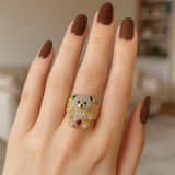 14K Gold Teddy Bear Ring with CZ Stones and Heart Accent 🧸💎