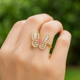 4K Gold Butterfly Ring with Baguette and Pink CZ Stones 🦋