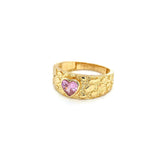 14K Gold Women’s Nugget Ring with Pink Heart CZ Stone.