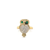 14K Gold Owl Ring with Green CZ Eyes and Diamond Accents 🦉💎